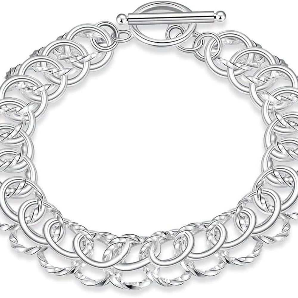 Fashion Sterling Silver 2 Layers Twisted Link Chain Bracelet with Diamond Cut Hi